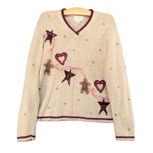 Christopher & Banks Hand Embroidered Sweater Womens Size M Tan Wool Blend